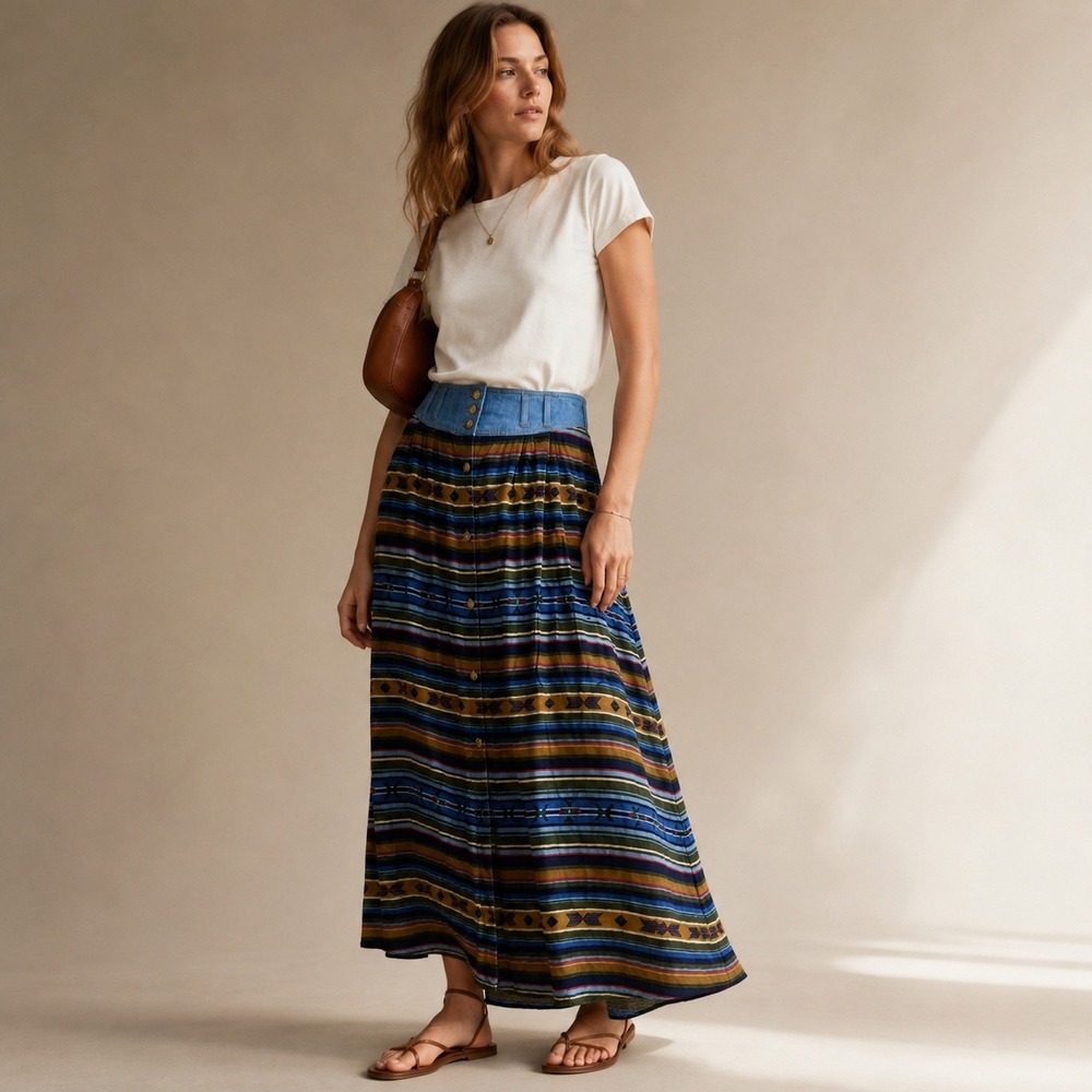 Vintage Southwestern Stripe Maxi Skirt High Waisted Denim Yoke Button Front Blue - Picture 1 of 7